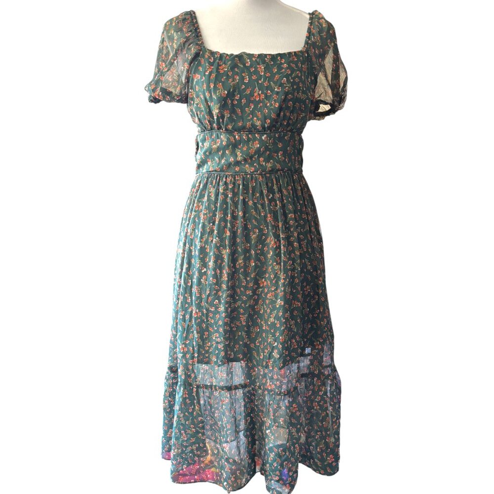 Altar'd State women's green floral puff sleeve peasant midi dress sz Small